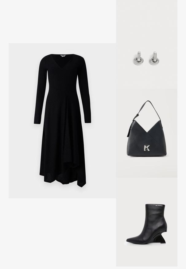 Schwarzes Langarmkleid mit V-Ausschnitt, mit gerippter Textur, asymmetrischem Saum und einem enganliegenden Oberteil, das in einen ausgestellten Rock übergeht.; Schwarzer Leder-Knöchelstiefel mit geschwungenem skulptiertem Absatz und Karl Lagerfeld-Logo nahe dem oberen Rand auf weißem Hintergrund.; Schwarze, strukturierte Leder-Schultertasche mit eckigem Design und silbernem metallischem "K"-Logo auf der Vorderseite.; Paar kleine, glänzende silberne Creolen mit rundem Sockel, auf einfachem hellem Hintergrund präsentiert.