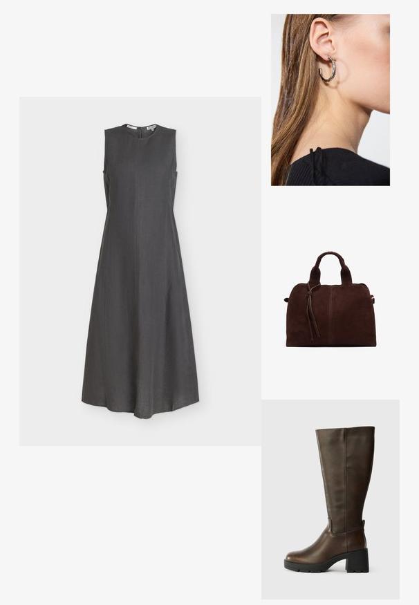 Robe midi sans manches gris foncé avec un col rond haut et des détails discrets de coutures sur le devant et les côtés, fermeture éclair au dos.; Bottine en cuir marron jusqu'au genou avec un talon épais noir et une finition texturée. Présente un bout rond et des détails de couture latérale subtils.; Sac à main en daim marron avec deux poignées supérieures, un détail de nœud à l'avant et une couture contrastante. Texture douce et forme structurée.; Boucle d'oreille en argent avec une finition polie, présentant de petits détails en or et de forme ronde, portée sur le lobe.