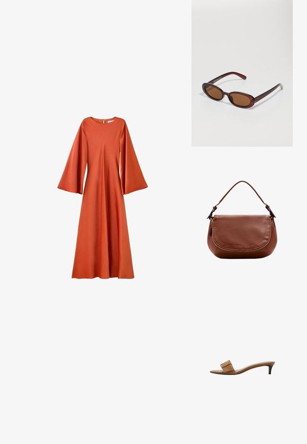 Robe longue orange rouille avec manches évasées en cloche, taille cintrée et col rond avec fermeture par bouton au dos.; Sandale mule en daim marron à bout ouvert avec une large bride à boucle et un petit talon kitten sur fond blanc.; Lunettes de soleil rondes teinte brun avec une monture bordeaux brillante. Branches fines avec un détail de marque subtil. Design de verres plats.; Sac à bandoulière en cuir marron avec rabat arrondi et détail de fermeture éclair dorée, doté d'une bandoulière réglable unique.