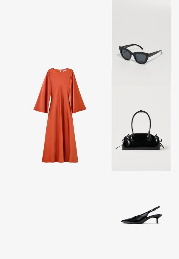 Robe longue orange rouille avec manches évasées en cloche, taille cintrée et col rond avec fermeture par bouton au dos.; Escarpin slingback en cuir noir à talon kitten, avec bout pointu et bride réglable avec boucle, sur fond blanc.; Lunettes de soleil noires en forme de œil de chat avec des verres foncés, une monture en plastique brillant et des bords angulaires. Marque visible sur la branche gauche.; Petit sac à main noir brillant avec deux longues anses et des détails à cordon sur les côtés sur un fond clair uni.