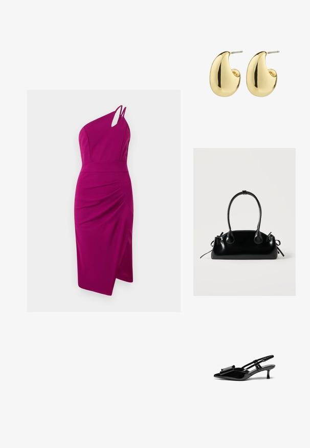 Vestido fucsia de un solo hombro con detalle recortado, corsé ajustado, lado fruncido y falda hasta la rodilla, hecho de tejido suave.; Zapatos de tacón slingback de charol negro con punta afilada, detalle de lazo en el frente y un pequeño tacón de aguja. Las correas tienen hebillas ajustables.; Pequeño bolso negro brillante con dos asas largas y detalles de cordón lateral sobre un fondo claro liso.; Pendientes de stud en tono dorado con una superficie suave y pulida, que presentan una forma abstracta en forma de lágrima. Hardware de metal simple para la sujeción.