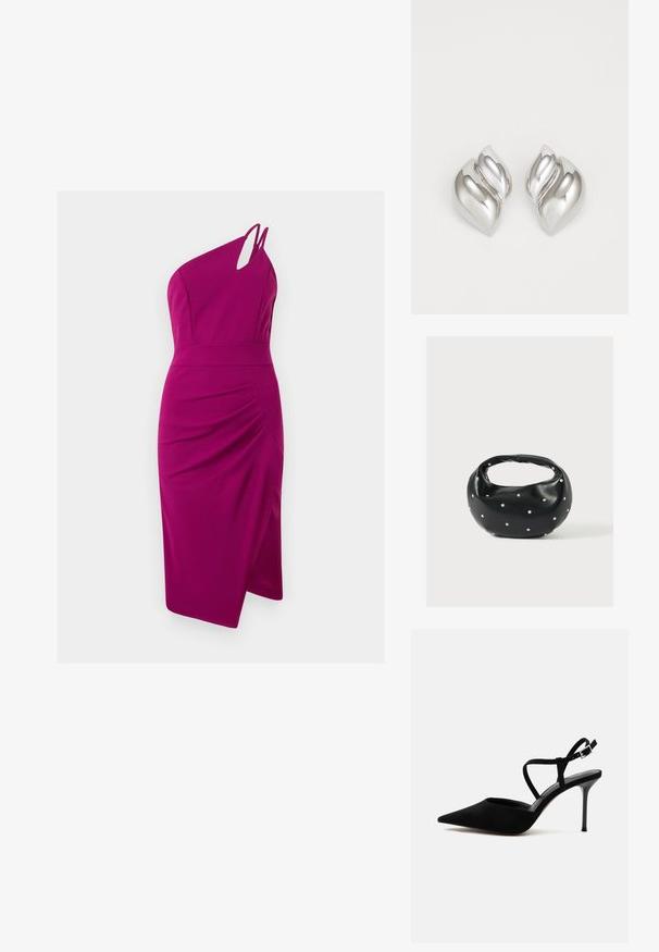 Vestido fucsia de un solo hombro con detalle recortado, corsé ajustado, lado fruncido y falda hasta la rodilla, hecho de tejido suave.; Zapato de tacón alto negro de punta estrecha con tacón de aguja delgado y finas tiras en el tobillo con hebilla plateada sobre fondo blanco.; Bolso de mano de cuero negro con forma redondeada, decorado con detalles de tachuelas plateadas y un asa corta. Textura lisa y cierre con cremallera.; Pendientes de plata con una forma orgánica y abstracta. Superficie lisa y brillante con un diseño cónico. Presentan suaves curvas y un detalle de línea central.