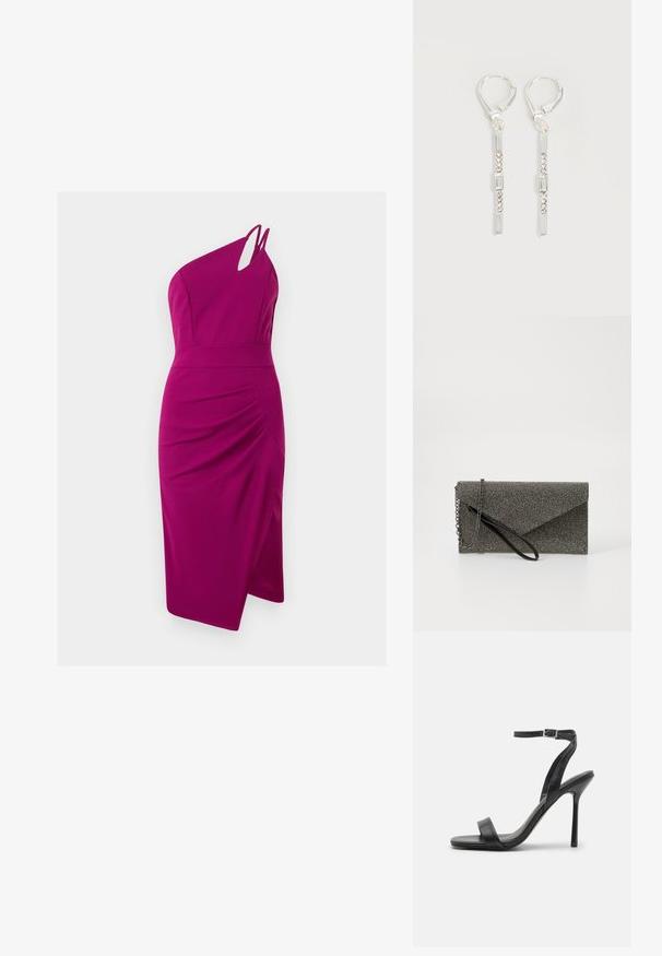Vestido fucsia de un solo hombro con detalle recortado, corsé ajustado, lado fruncido y falda hasta la rodilla, hecho de tejido suave.; Sandalia negra de tacón alto con una correa delgada en el tobillo y dos bandas en la parte frontal. Hecha de cuero suave con una punta afilada y tacón de aguja.; Cartera de mano metálica gris con patrón de malla texturizada, diseño de sobre, cadena como correa y una correa de muñeca delgada y elegante.; Pendientes colgantes de plata con cristales transparentes rectangulares y redondos en una línea vertical, asegurados con cierres tipo leverback.
