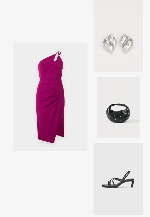 Vestido fucsia de un solo hombro con detalle recortado, corsé ajustado, lado fruncido y falda hasta la rodilla, hecho de tejido suave.; Sandalia negra de tiras con punta cuadrada y tacón bajo de bloque. Presenta múltiples tiras delgadas y una correa ajustable en el tobillo. Fabricada en cuero suave.; Bolso de mano de cuero negro con forma redondeada, decorado con detalles de tachuelas plateadas y un asa corta. Textura lisa y cierre con cremallera.; Pendientes de plata con una forma orgánica y abstracta. Superficie lisa y brillante con un diseño cónico. Presentan suaves curvas y un detalle de línea central.