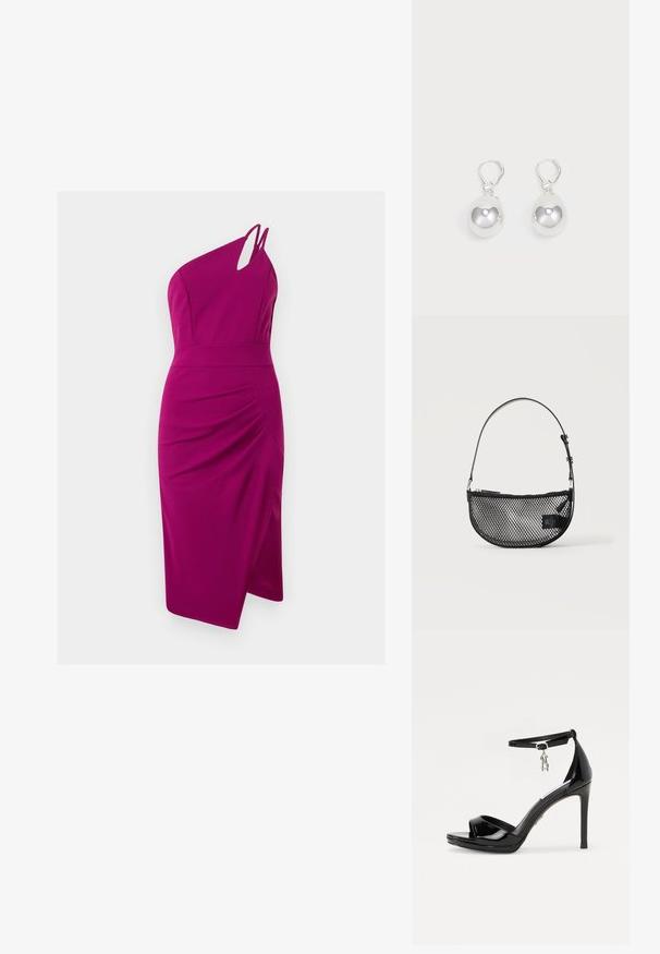 Vestido fucsia de un solo hombro con detalle recortado, corsé ajustado, lado fruncido y falda hasta la rodilla, hecho de tejido suave.; Sandalias de tacón alto de charol negro con punta abierta, correa en el tobillo y un acento de charm plateado. Presenta un diseño elegante y moderno.; Bolso de malla negra en forma de media luna con una correa corta ajustable de cuero y cierre de cremallera sobre un fondo claro y liso.; Pendientes de plata en forma de gota con superficies redondas y reflectantes colgando de cierres de palanca. El fondo es blanco liso.