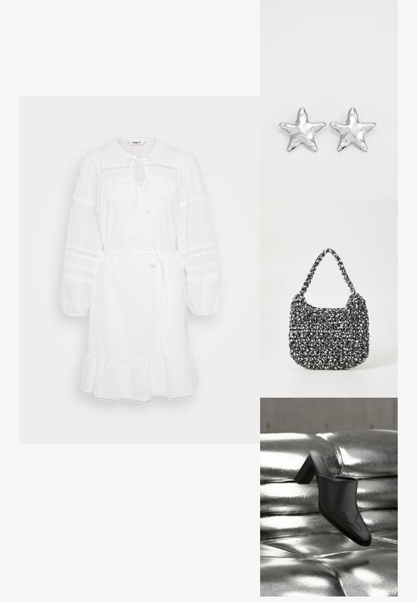 Witte jurk met lange, pofmouwen, trekkoord hals en gerimpelde zoom. Heeft kanten accenten en een getailleerde taille voor verstelbare styling.; Zwarte leren mule met blokhak, rustend op een glanzend zilveren gestoffeerde oppervlakte, die het strakke ontwerp en de afgeronde details benadrukt.; Geweven handtas in zwart en wit met een ronde vorm, gestructureerd oppervlak en een gevlochten handvat. Geschikt voor dagelijks gebruik.; Zilveren stervormige oorbellen met een gepolijste, glanzende afwerking. Elke oorbel heeft vijf punten en subtiele textuurdetails op het oppervlak.
