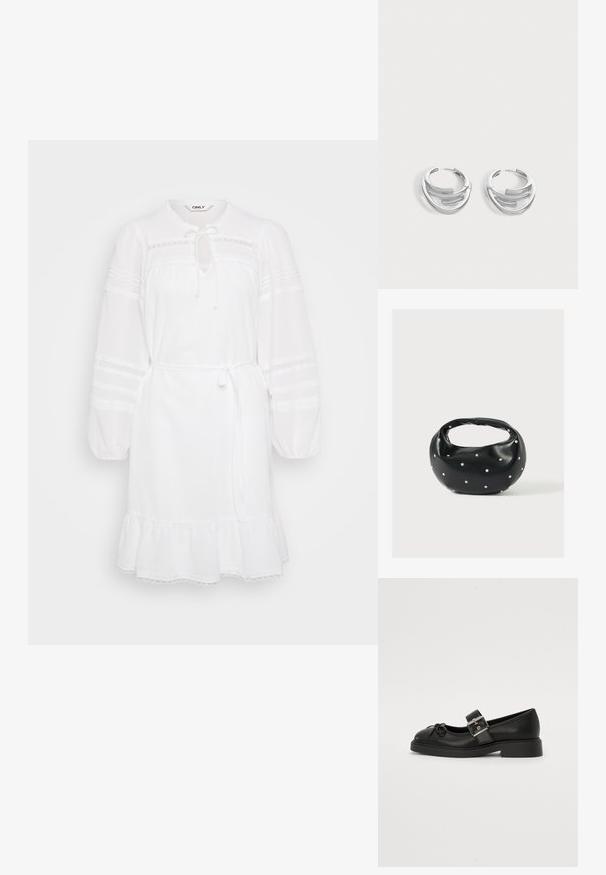 Hvid kjole med lange puffærmer, snøre ved halsen og volangkant. Har blondeaccenter og en tætsiddende talje for justerbar styling.; Sort læder Mary Jane-sko med rund tå, ankelrem og sølv spænde detalje. Har en flad, chunky sål og en sløjfe akcent.; Sort læderhåndtaske med en rundet form, dekoreret med sølvnitter, og et kort håndtag. Glat tekstur og lynlåslukning.; Par polerede sølv hoops øreringe med lagdelt, buet stangdesign på en ensartet lys baggrund.