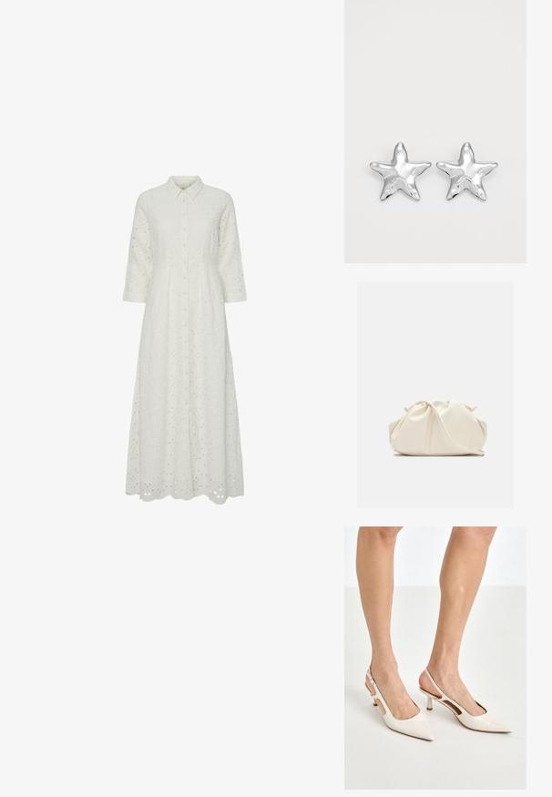Valge tikandiga kleit, millel on krae, pikad varrukad ja nööbid ees. Omab dekoratiivseid lillemotivereid üle kogu kleidi.; Beesek patentnaha slingback kontsad 5 cm kontsaga, millel on terav nina ja lõigatud külgedega ning õhuke pahkluu rihm.; Pehme kergelt kreemikas nahast klapi-tüüpi kott kokkutõmmatud volditud disainiga ning õhuke õlarihm ees rahuldaval taustal.; Hõbedased tähtkujulised kõrvarõngad, millel on poleeritud, sile pind. Iga kõrvarõnga puhul on viie tipuga ja peene pindade tekstuuriga detailid.