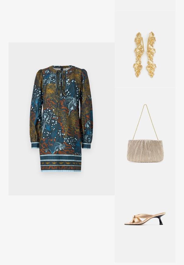 Multikleurige jurk met een ronde halslijn, lange pofmouwen en een bloemen- en dierenpatroon in blauw, oranje en wit op een donkere achtergrond.; Gouden sandalen met smalle riempjes, kittenhak en knoopdetail, met een zwarte slanke hak, zijaanzicht op een witte achtergrond.; Plooitjes metallic stoffen handtas met een gouden kettinghengsel, zachte rechthoekige vorm, lichtbeige kleur, gestructureerd oppervlak en gathered details.; Gouden oorbellen ontworpen als watervallen van bladeren, met gedetailleerde bladvormen en een glanzende metalen afwerking. Lichtgewicht met een delicate structuur.