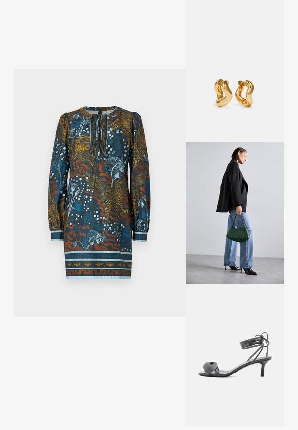 Mønstret kjole i flere farver med rund udskæring, lange pufærmer og en floral og dyreprint i blå, orange og hvid på en mørk baggrund.; Grå læder sandal med hæl, knyttet rem ved tæerne og snørebånd, der vikles om anklen, på slank mellemhøj hæl mod hvid baggrund.; DRAGON DIFFUSION ROSANNA - Håndtasker - forest; Guldtonede hoops øreringe med et bølget design, der har en glat, blank overflade og en strømlinet form. Ingen synlige spænder.