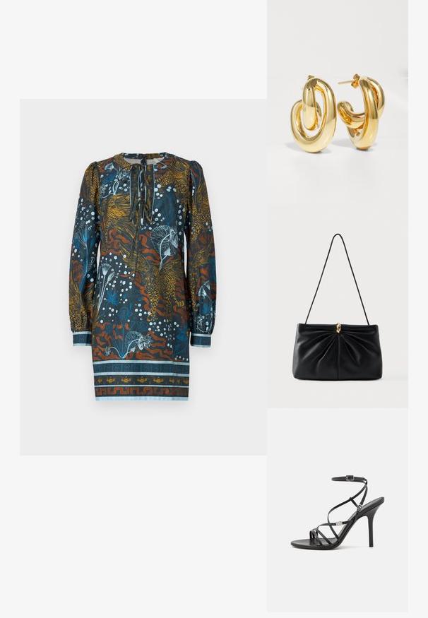 Mønstret kjole i flere farver med rund udskæring, lange pufærmer og en floral og dyreprint i blå, orange og hvid på en mørk baggrund.; Sort højhælet sandal med tynde stropper, en ankelspænde, en glat læderoverflade og en slank stilethæl.; Sort lædertaske med et snoet design foran, en enkelt rem og en gylden hardware-detalje i midten. Glat tekstur.; Charlotte Chesnais BO INITIAL BLOW - Øreringe - gold-coloured