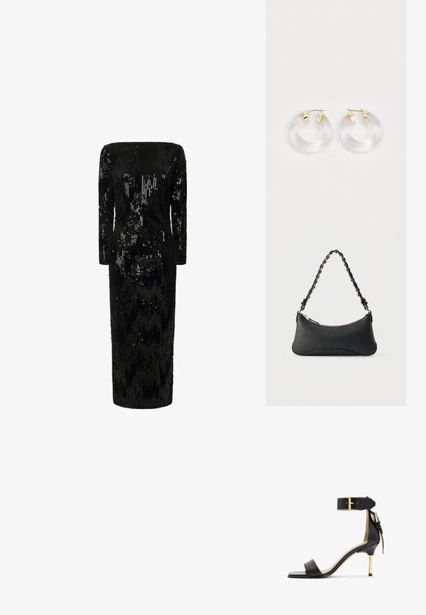 Schwarz mit Pailletten verzierter Kleid mit langen Ärmeln, schulterfreier Ausschnitt und gerader Silhouette; verfügt über eine strukturierte, schimmernde Oberfläche.; Schwarze Leder-Absatzsandale mit quadrater Zehenform, Fesselriemen mit einer goldenen Schnalle und einem schlanken, metallischen Absatz. Glatte Textur, minimalistisches Design.; Schwarze Lederschultertasche mit gewölbter rechteckiger Form, goldener Kette, die in den geflochtenen schwarzen Riemen eingewebt ist, und Reißverschlussverschluss oben.; Klares Acryl-Hoop-Ohrringe mit Metalldetails in Goldton und polierter Oberfläche. Verfügt über ein glattes, rundes Design.