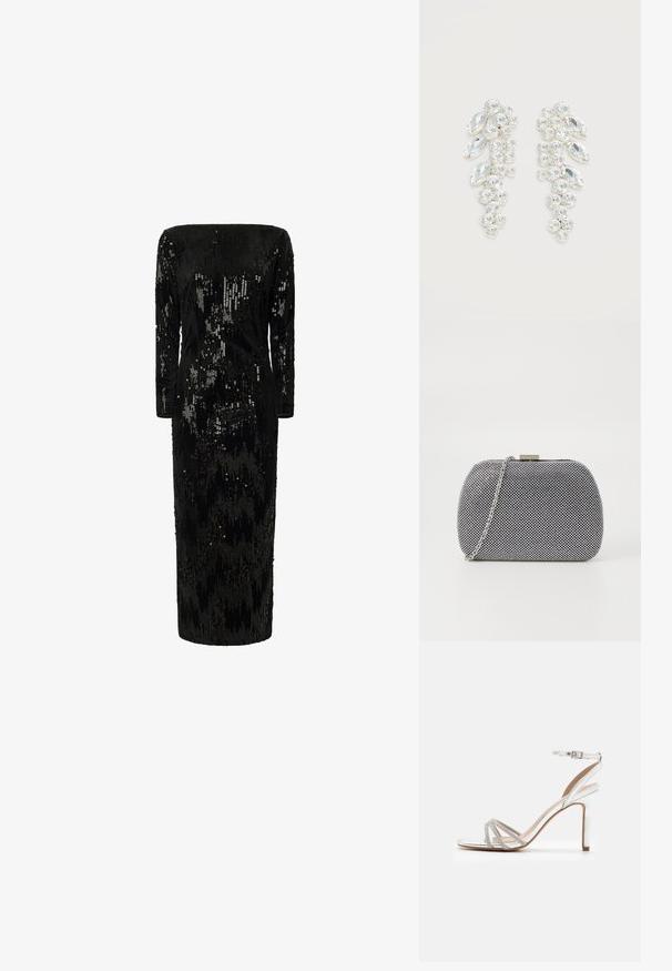 Vestido negro adornado con lentejuelas, con mangas largas, escote en los hombros y silueta recta; presenta una superficie texturizada y brillante.; Sandalia de tacón alto plateada con múltiples tiras que presentan acentos de pedrería, diseño de punta abierta y hebilla en el tobillo. Acabado metálico suave.; Bolso de mano texturizado en blanco y negro con forma redondeada, correa de cadena plateada y un cierre de metal en la parte superior.; Par de pendientes en tono plateado con cristales claros facetados agrupados en formas redondas y marquesas sobre fondo blanco.