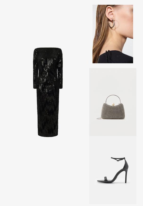 Vestido negro adornado con lentejuelas, con mangas largas, escote en los hombros y silueta recta; presenta una superficie texturizada y brillante.; Sandalias de tacón alto negras con punta abierta, tiras delgadas y hebilla en el tobillo. Textura de cuero suave con un diseño de punta afilada.; Pequeño bolso de mano con patrón de cuadrícula plateada, asa curva, gran cierre de perla y una delgada correa de cadena plateada sobre un fondo liso.; Pendiente de aro de plata con un acabado pulido, que presenta pequeños detalles en dorado y una forma redonda, llevado en el lóbulo.