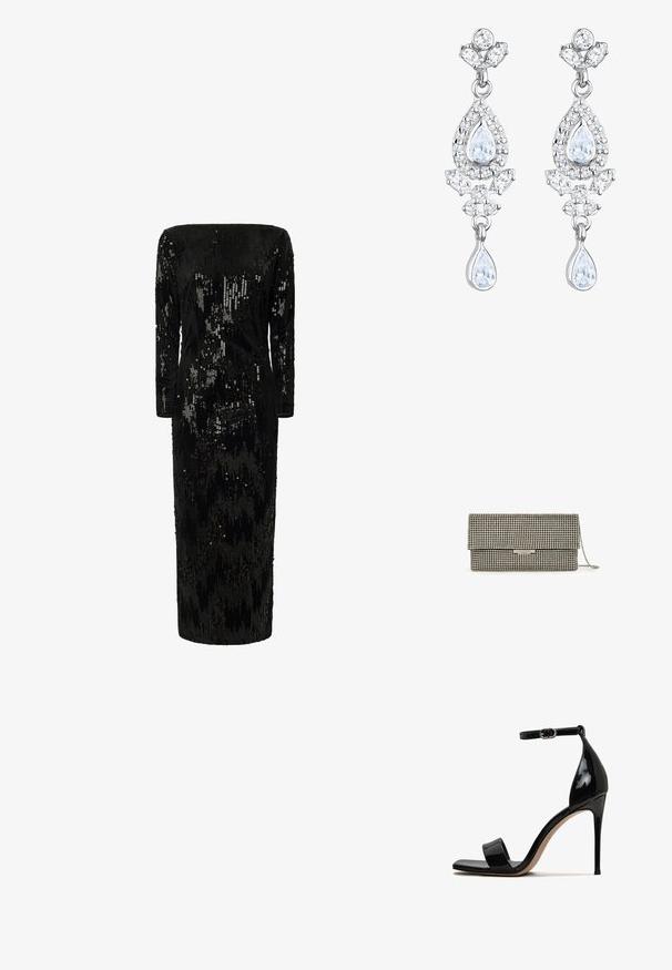 Schwarz mit Pailletten verzierter Kleid mit langen Ärmeln, schulterfreier Ausschnitt und gerader Silhouette; verfügt über eine strukturierte, schimmernde Oberfläche.; Schwarze, lacklederne High-Heel-Sandale mit offener Zehe, Knöchelriemen und einem eleganten, glänzenden Finish. Verfügt über einen schlanken Stiletto-Absatz.; Rechteckige silberne Clutch mit Umschlagklappe, bedeckt mit kleinen Strasssteinen, und einem Kettenriemen, der auf der rechten Seite sichtbar ist.; Elli ANTIQUE DROP - Ohrringe - weiß