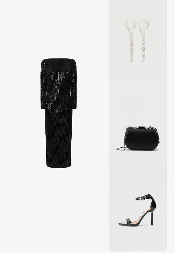 Schwarz mit Pailletten verzierter Kleid mit langen Ärmeln, schulterfreier Ausschnitt und gerader Silhouette; verfügt über eine strukturierte, schimmernde Oberfläche.; Schwarzer Riemchensandale aus Lackleder mit hohem Absatz und Knöchelriemen. Verfügt über ein minimalistisches Design, offene Zehenpartie und eine Schnalle mit Strassakzenten.; Schwarze Clutch mit einer glatten, matten Oberfläche, runder Form und einem silbernen Kettenriemen. Mit einem geometrischen Verschlussdetail oben.; Silberne hängende Ohrringe mit rechteckigen und runden klaren Kristallen in einer vertikalen Linie, gesichert durch Leverback-Verschlüsse.