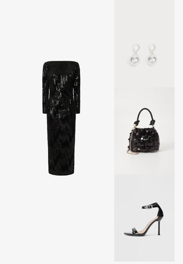 Schwarz mit Pailletten verzierter Kleid mit langen Ärmeln, schulterfreier Ausschnitt und gerader Silhouette; verfügt über eine strukturierte, schimmernde Oberfläche.; Schwarzer Riemchensandale aus Lackleder mit hohem Absatz und Knöchelriemen. Verfügt über ein minimalistisches Design, offene Zehenpartie und eine Schnalle mit Strassakzenten.; Schwarze Pailletten-Mini-Handtasche mit einem geknoteten, strukturierten Tragegurt und einer silbernen Kette. Abgerundete Form mit gerafftem oberen Teil und reflektierenden Details.; Silberne Tropfenohrringe mit glatten, runden, reflektierenden Oberflächen, die an Hakenverschlüssen hängen. Der Hintergrund ist reinweiß.