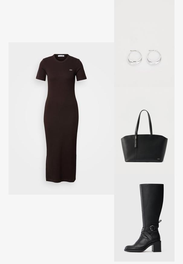 Robe midi marron foncé, cintrée, à manches courtes, col rond, avec un petit logo brodé sur la partie supérieure gauche de la poitrine.; Botte en cuir noir mi-mollet avec talon carré et bande décorative avec boucle en argent sur fond clair uni.; Sac cabas en cuir noir avec deux poignées et petit logo doré "HUGO" en bas à droite, posé sur un fond blanc.; Boucles d'oreilles en argent avec une finition polie et un branding DKNY, présentées sur un fond blanc uni.