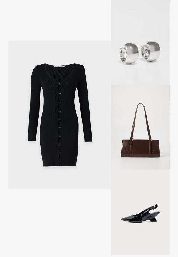 Ribbet sort cardigan kjole med lange ærmer, V-hals og knaplukninger langs fronten. Har en slank, tætsiddende silhuet.; Sort laklæder slingback sko med spids tå og lav vinklet blokhæl på ensartet lys baggrund.; Brun lakeret håndtaske med rektangulær form, to lange håndtag og subtile buede detaljer på fronten.; Uncommon Matters SCULPTURAL LARGE CREOLE - Øreringe - silver-coloured