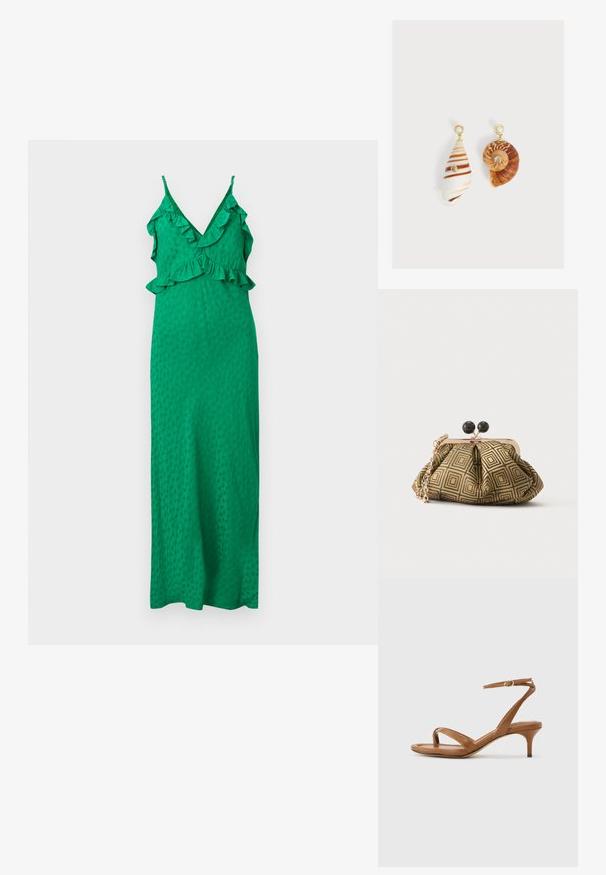 Robe maxi verte sans manches avec décolleté en V, bordure à volants sur l'encolure et la taille, et texture subtilement à pois sur le tissu.; Sandale en cuir marron avec lanières, talon bas en forme de petit escarpin et bride à la cheville avec une petite boucle, vue de côté sur un fond uni.; Petite pochette avec motif géométrique doré et noir, cadre en métal doré, fermeture à boule noire et une courte chaîne dorée.; Boucles d'oreilles asymétriques avec pendentifs en coquillages, clous dorés avec dessus en perle et petites pierres précieuses transparentes incrustées sur chaque coquillage.