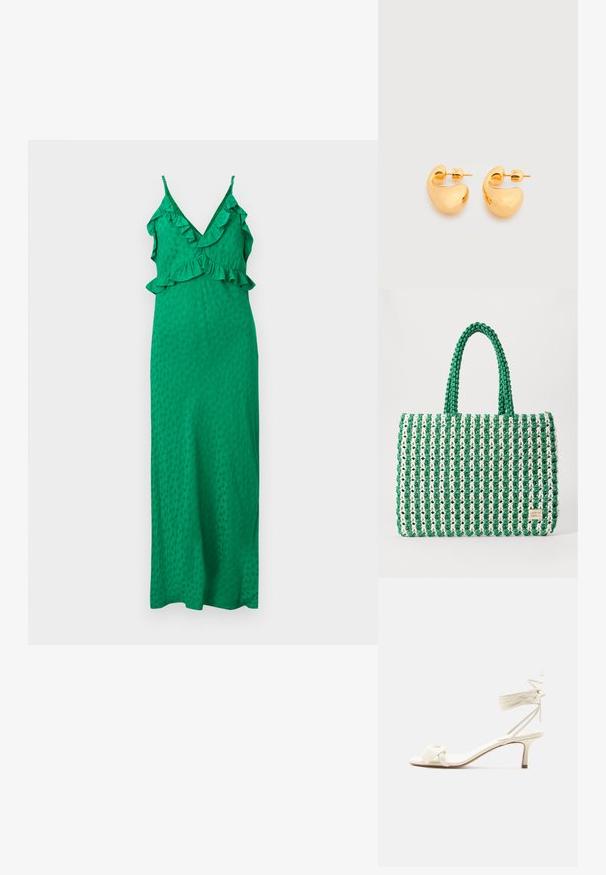 Robe maxi verte sans manches avec décolleté en V, bordure à volants sur l'encolure et la taille, et texture subtilement à pois sur le tissu.; Sandale à talon bas de couleur crème avec des liens à nouer autour de la cheville et une large bride torsadée sur les orteils, sur un fond blanc uni.; Sac fourre-tout tissé vert et blanc avec une forme rectangulaire structurée, une finition texturée et deux poignées solides. Présente une étiquette de logo sur le côté.; Paire de petites boucles d'oreilles clous épaisses en métal doré avec des formes lisses, courbes et abstraites sur un fond clair.