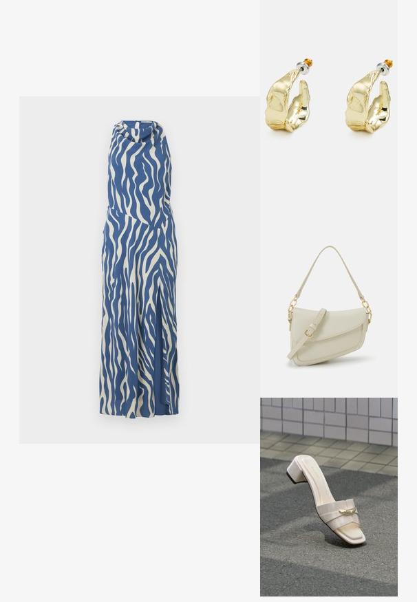 Vestido sin mangas en azul y crema con un patrón de olas, escote drapeado y abertura lateral, hecho de una tela suave y ligera.; Sandalia beige de tacón con detalle decorativo dorado sobre una superficie de asfalto texturizado cerca de una pared con azulejos.; Pequeño bolso de mano crema con un acabado texturizado, una correa larga y ajustable, un acento de cadena y cierre de solapa. Detalles en hardware dorado.; Pendientes en tono dorado con forma de manos abstractas, que presentan una superficie brillante, detalles intrincados y un poste de plata y oro para un ajuste seguro.