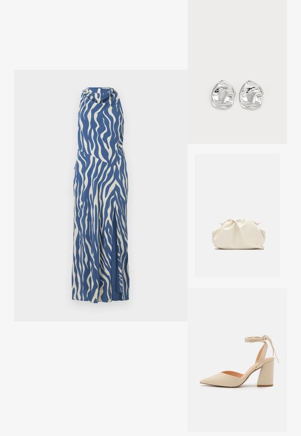 Vestido sin mangas en azul y crema con un patrón de olas, escote drapeado y abertura lateral, hecho de una tela suave y ligera.; Zapato de tacón alto beige con punta afilada, tira de tobillo y tacón ancho. Material sintético suave con un acabado mate.; Bolso de mano de cuero suave de color crema con diseño fruncido y plisado y una delgada correa para el hombro que descansa delante sobre un fondo liso.; Pendientes de studs en forma abstracta de plata con un acabado pulido, que presentan curvas suaves y contornos sutiles. Sin patrones o acentos visibles.