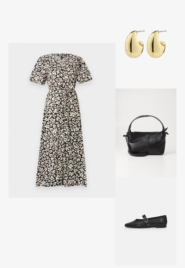 Maxikleid in Schwarz mit einem weißen Floralmuster, ausgestattet mit kurzen Puffärmel, einem V-Ausschnitt und einem Bindegürtel in der Taille.; Schwarzer Lederflatschuh mit runder Zehenform, einem verstellbaren Schnallenriemen und einer glatten, glänzenden Oberfläche. Minimalistisches Design mit einem niedrigen Absatz.; Schwarze Lederhandtasche mit strukturiertem Design, rundem Haltegriff und abnehmbarem Schulterriemen. Sie weist eine glatte Oberfläche und einen subtilen Glanz auf.; Goldfarbene Steckerohrringe mit einer glatten, glänzenden Oberfläche, die eine abstrahierte, tropfenförmige Form aufweisen. Einfache Metallstiftbefestigung.