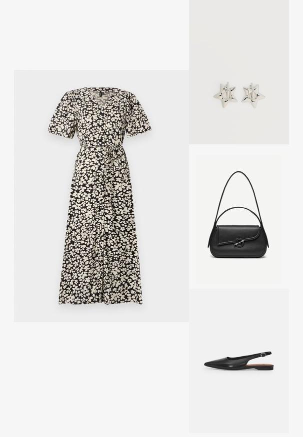 Maxikleid in Schwarz mit einem weißen Floralmuster, ausgestattet mit kurzen Puffärmel, einem V-Ausschnitt und einem Bindegürtel in der Taille.; Schwarzer Leder Slingback-Schuh mit spitzer Zehenform, subtiler Glanz und verstellbarem Knöchelriemen. Flacher Absatz mit einer braunen Innensohle.; Schwarze Lederhandtasche mit abgerundeten Kanten, asymmetrischem Überschlag, metallfarbenem runden Verschluss und kurzen sowie langen Schulterriemen.; Silberne, sternförmige Creolen mit einer glatten, polierten Oberfläche auf weißem, schlichtem Hintergrund.