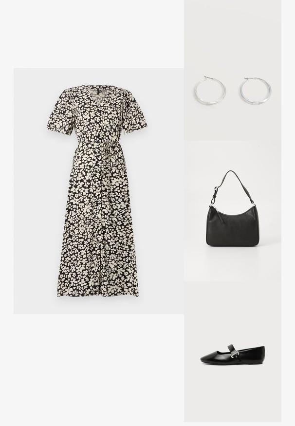 Vestido maxi en negro con un patrón floral blanco, que presenta mangas cortas abullonadas, escote en V y un cinturón atado a la cintura.; Zapato plano Mary Jane de cuero negro con punta redondeada y hebilla plateada sobre un fondo liso.; Bolso de mano de cuero negro con forma curvada, una sola correa, cierre de cremallera y marcas sutiles en la parte frontal. Textura suave, diseño minimalista.; Pendientes de aro de metal plateado con superficie lisa y ligeramente curvada y cierre de tipo mosquetón sobre un fondo blanco liso.