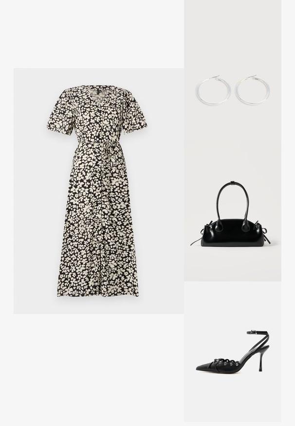 Maxikleid in Schwarz mit einem weißen Floralmuster, ausgestattet mit kurzen Puffärmel, einem V-Ausschnitt und einem Bindegürtel in der Taille.; Schwarzer, spitzer High-Heel-Schuh mit geschwungenen Kanten, Metallösen, Schnürung vorne und Knöchelriemen mit Schnallverschluss.; Kleine schwarze glänzende Handtasche mit zwei langen Griffen und seitlichen Kordelzug-Details vor einfachem hellem Hintergrund.; Paar glänzende silberne Creolen mit dünnen Drahtverschlüssen, dargestellt vor einem hellgrauen Hintergrund.