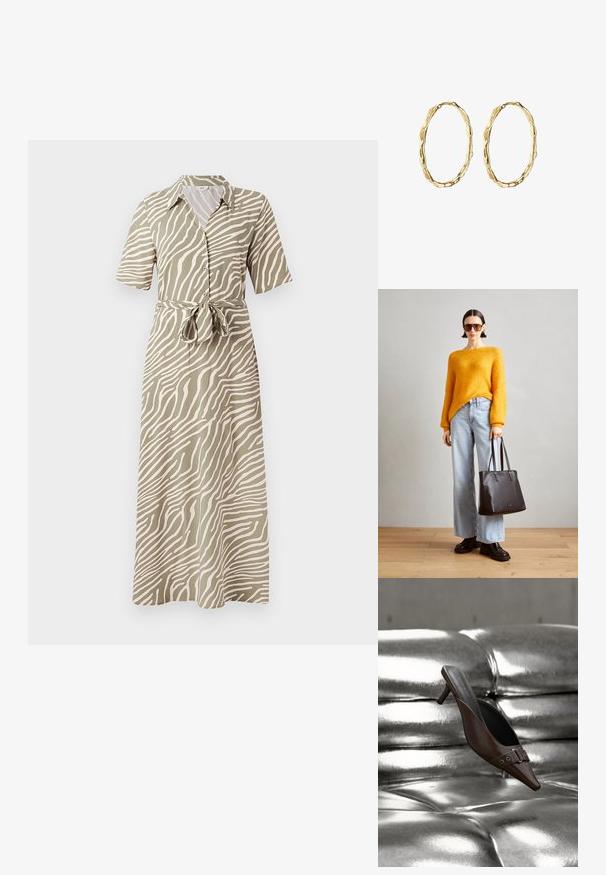 Robe maxi en vert olive avec un motif à rayures ondulées beiges, manches courtes, fermeture à boutons sur le devant et une taille accentuée par un nœud. Texture de tissu lisse.; Mule à talon brun à bout pointu avec détail boucle flottant au-dessus d'une surface en cuir argenté capitonnée brillante.; Pull en tricot orange, jeans taille haute bleu clair à pattes d'éléphant, sac tote en cuir noir, et chaussures à plateformes noires et épaisses. Design minimaliste, texture douce.; Boucles d'oreilles en or en forme de créoles avec un design texturé et organique, présentant une forme légèrement tordue et des détails de surface irréguliers.