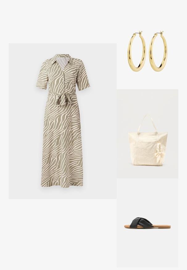 Robe maxi en vert olive avec un motif à rayures ondulées beiges, manches courtes, fermeture à boutons sur le devant et une taille accentuée par un nœud. Texture de tissu lisse.; Sandales noires à glissière avec des brides croisées en simili cuir, semelle en liège plate et texture lisse. Design minimaliste avec un profil simple.; Sac cabas en toile beige avec deux poignées et un chouchou avec un nœud attaché à une poignée, sur un fond uni.; Boucles d'oreilles en or en forme d'anneau avec une surface lisse et brillante. Présentent un mécanisme de fermeture simple. Pas d'embellissements supplémentaires.