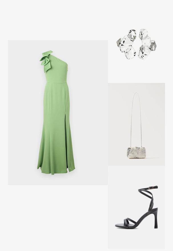 Vestido largo verde de un solo hombro, hecho de una tela suave, con un gran detalle de lazo en el hombro y una abertura lateral para mayor movilidad.; Sandalias negras de tacón alto con un diseño elegante, que cuentan con dos tiras estrechas sobre los dedos y una correa cruzada en el tobillo con hebilla.; Clutch rectangular de cuentas plateadas con patrones florales y una larga correa delgada de cadena plateada, exhibido sobre un fondo liso.; Conjunto de seis piezas de forma irregular, translúcidas y reflectantes, similares al vidrio, dispuestas sobre un fondo blanco.