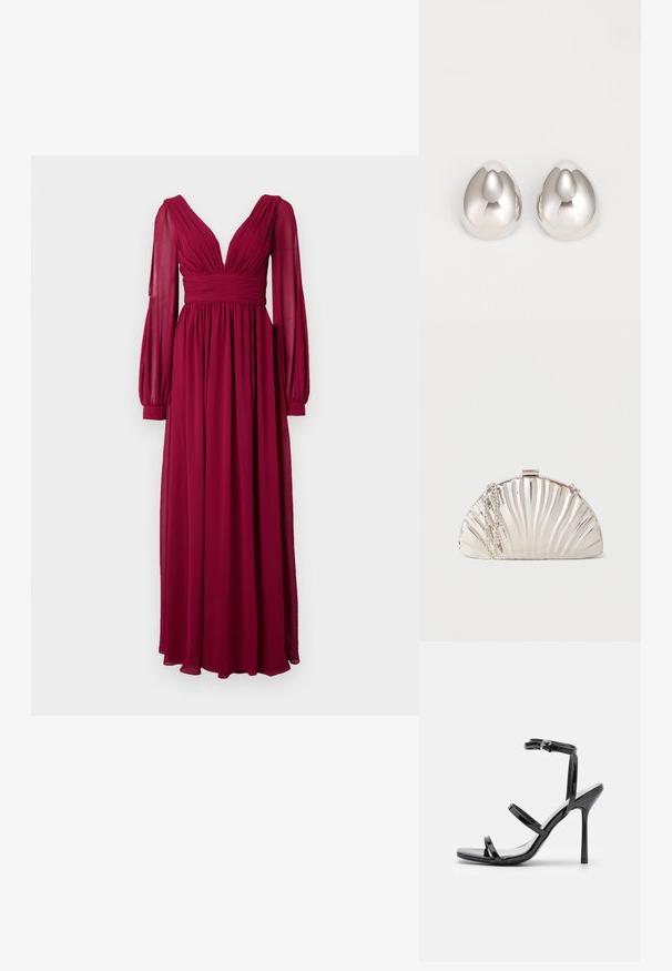 Robe longue bordeaux en tissu léger, avec un décolleté en V profond, un corsage plissé et des manches longues bouffantes avec des poignets ajustés.; Sandales à talons hauts en cuir verni noir avec trois sangles horizontales et une sangle de cheville ajustable. Silhouette élégante et finition brillante.; Pochette argentée métallique en forme de coquillage, avec une chaîne en argent drapée sur le côté.; Boucles d'oreilles en métal argenté avec un design lisse et arrondi ressemblant à la forme d'une goutte d'eau, présentant une surface réfléchissante et une finition sans couture.