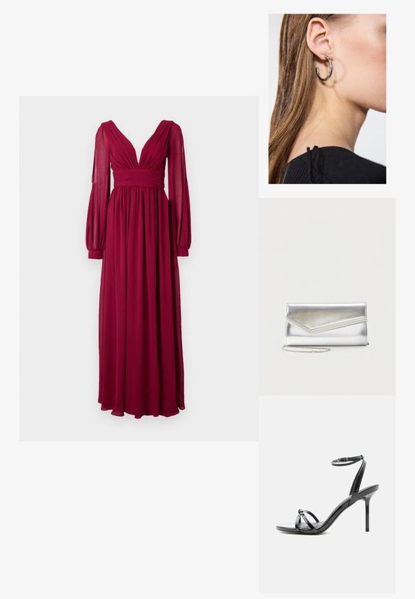 Robe longue bordeaux en tissu léger, avec un décolleté en V profond, un corsage plissé et des manches longues bouffantes avec des poignets ajustés.; Sandale à talon haut en cuir verni noir avec de fines lanières croisées sur les orteils et une sangle à boucle à la cheville sur fond blanc.; Pochette argentée brillante avec rabat style enveloppe et garniture décorative, petite bandoulière chaîne argentée, sur fond clair uni.; Boucle d'oreille en argent avec une finition polie, présentant de petits détails en or et de forme ronde, portée sur le lobe.
