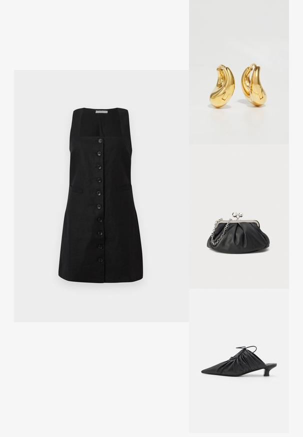 Robe en lin noire avec un décolleté carré, doublée d'une rangée centrale de six boutons et de deux poches latérales, présentant une silhouette en A.; Mules noirs en cuir à enfiler avec un bout pointu, une texture froncée et un petit talon aiguille. Présente un détail à cordon au niveau de l'ouverture.; Porte-monnaie en cuir noir avec texture froncée, cadre en métal argenté, fermeture à verrouillage kiss-lock et bandoulière en chaîne. Surface lisse et douce.; Boucles d'oreilles en or en forme de d'anneaux lisses et courbés avec une finition polie. Équipées d'un mécanisme de fermeture et de légères indentations pour le détail.