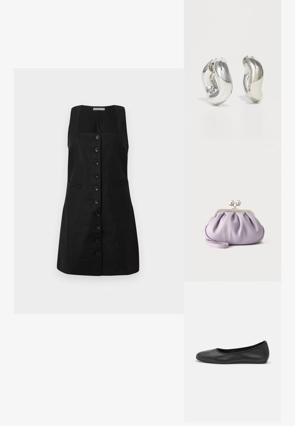 Robe en lin noire avec un décolleté carré, doublée d'une rangée centrale de six boutons et de deux poches latérales, présentant une silhouette en A.; Ballerines en cuir noir avec un bout rond, texture lisse, détails de couture minimalistes et design de semelle flexible.; Pochette lavande douce avec tissu froncé, fermoir kiss-lock argenté et bracelet assorti sur un fond clair uni.; Boucles d'oreilles sculpturales en argent avec des formes douces et courbes et des surfaces réfléchissantes. Présentent un design de boucle fermée et une forme organique distincte.