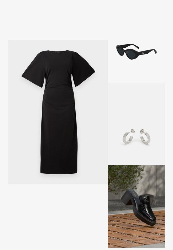 Must mustrõivad musta värvi, lühikeste laiate varrukatega ja rühmitatud vöökohta. Valmistatud pehmest kangast, omab lihtsat, sirget siluetti.; Mustast nahast Calvin Kleini slip-on mules, millel on plokk-konts, toetub puitplaatidele õues, lähedal rohelisele taimele ja hallile seinale.; Mustad mustikate sarvklaasidega mustad kiisikujulised päikeseprillid, läikiva viimistlusega, tumedate objektiividega ja tempel on kaunistatud "cK" logoga. Nurklik disain ja paksud raamid.; Hõbedased metallist rõngakõrvarõngad tekstureeritud kujundusega, millel on väike kinnituskate ja bränding ühel rõngal. Ümar kuju ja poleeritud viimistlus.