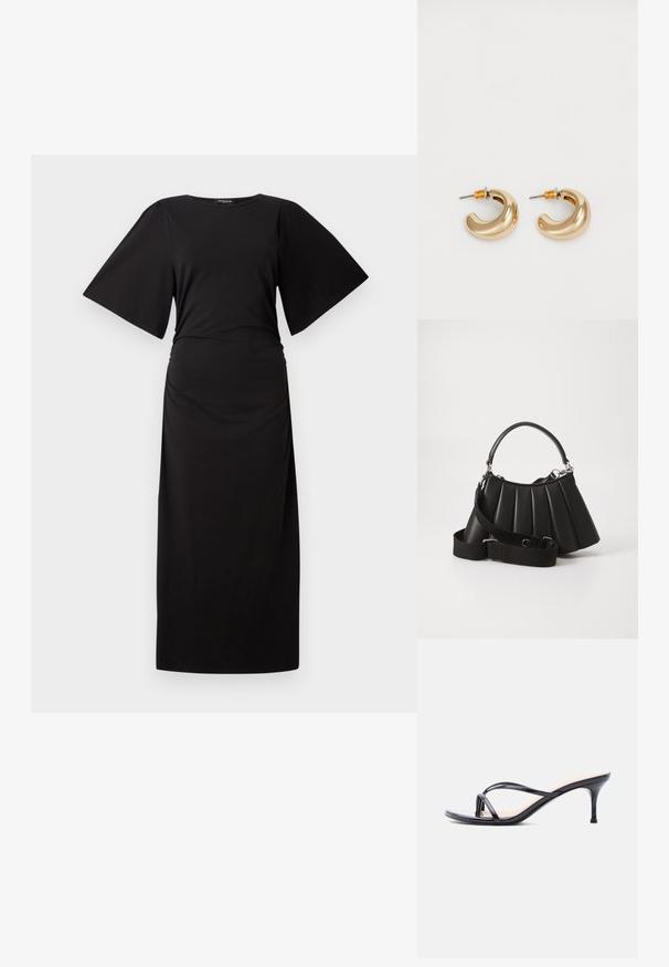 Schwarzes Maxikleid mit kurzen, weiten Ärmeln und gerafftem Taillenbund. Hergestellt aus weichem Stoff und zeichnet sich durch eine einfache, gerade Silhouette aus.; Schwarze Peeptoe-Sandale aus Lackleder mit dünnen, gekreuzten Riemen und einem schlanken, mittelhohen Stilettoabsatz vor weißem Hintergrund.; Schwarze, gefaltete Handtasche mit einem runden Griff, verstellbarem Schulterriemen und glänzender Textur. Verfügt über silberne Hardware und eine strukturierte Silhouette.; Zwei glänzende goldene Creolen in einem geschwungenen Design mit orangefarbenen Akzenten nahe dem Stecker, vor einem schlichten weißen Hintergrund.