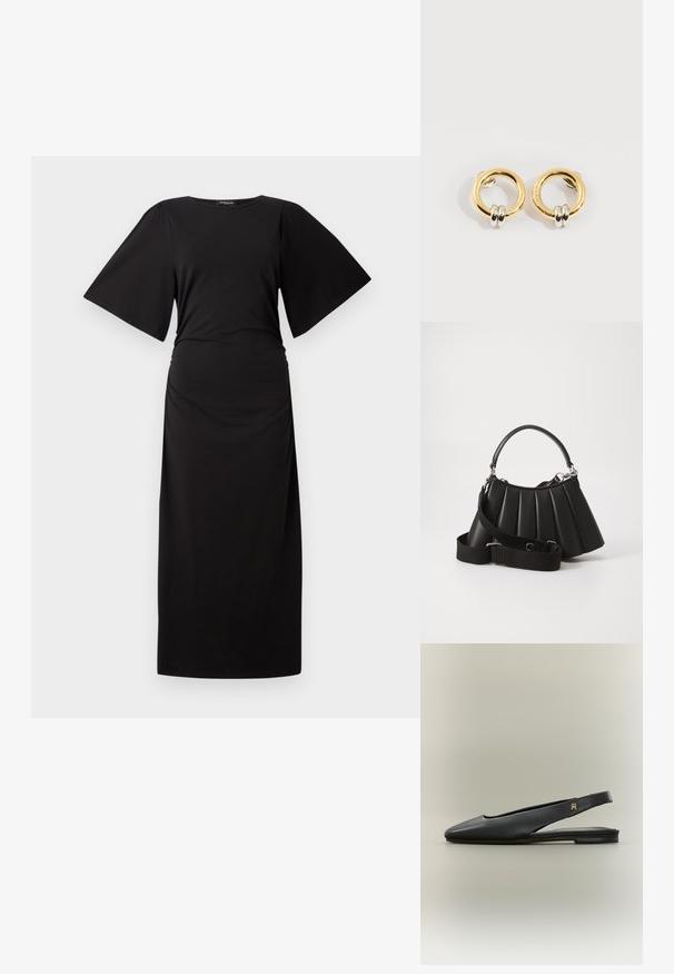 Vestido maxi negro con mangas cortas y anchas y una cintura fruncida. Hecho de tela suave, presenta una silueta simple y recta.; Zapato plano negro de cuero con tira trasera, punta afilada y acento de logo dorado en la tira, mostrado sobre un fondo neutro.; Bolso de mano negro con pliegues, manejo redondeado, correa ajustable y textura brillante. Presenta herrajes plateados y una silueta estructurada.; Pendientes circulares de oro con dos pequeños anillos de plata en cada uno, que muestran detalles sutiles del nombre de la marca grabado, colocados sobre un fondo blanco.