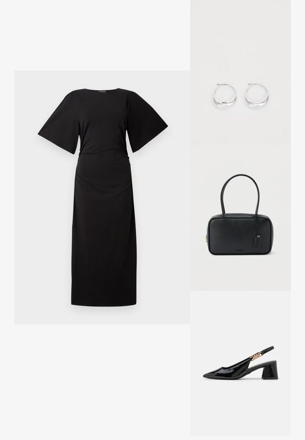 Schwarzes Maxikleid mit kurzen, weiten Ärmeln und gerafftem Taillenbund. Hergestellt aus weichem Stoff und zeichnet sich durch eine einfache, gerade Silhouette aus.; Schwarze Lackleder Slingback-Pumps mit einer spitzen Zehe und goldfarbener Hardware am Riemen, ausgestattet mit einem Blockabsatz. Glatte Textur.; Schwarze rechteckige Handtasche mit doppelten, abgerundeten Griffen, goldfarbenem Reißverschluss und geprägtem „HUGO“-Logo auf der Vorderseite sowie angebrachtem Lederanhänger.; Silberne Creolen mit glänzender Oberfläche und DKNY-Logo, vor einem schlichten weißen Hintergrund präsentiert.