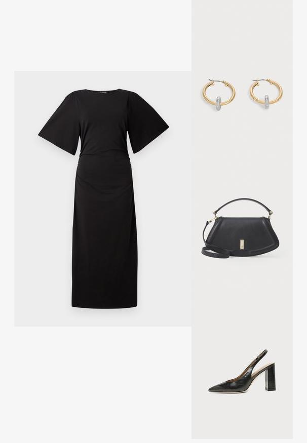 Vestido maxi negro con mangas cortas y anchas y una cintura fruncida. Hecho de tela suave, presenta una silueta simple y recta.; Zapato slingback de piel negra con puntera puntiaguda, tacón alto y ancho, y forro interior beige sobre un fondo claro y liso.; Bolso de mano de cuero negro con una forma estructurada, que cuenta con un asa corta y una correa desmontable, acentuado por un detalle de cierre en tono dorado.; Par de pendientes de aro en tono dorado con pequeño detalle de aro en tono plateado en cada uno, expuestos sobre un fondo gris claro.