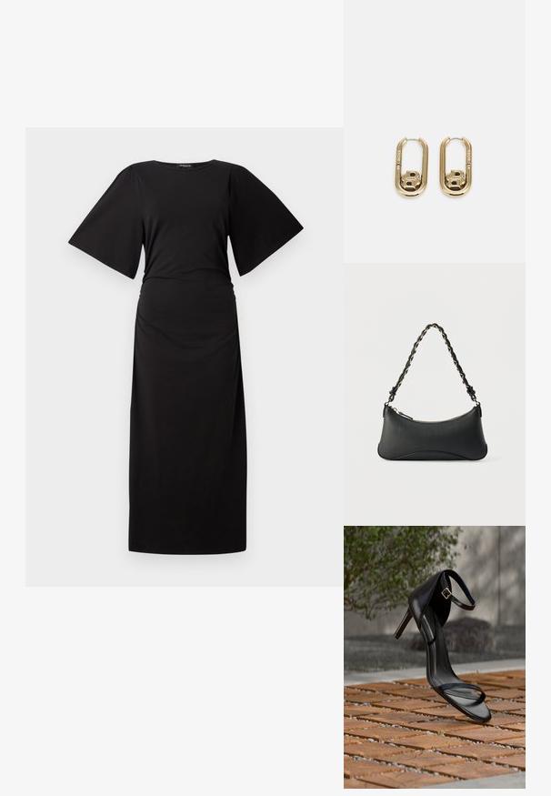 Schwarzes Maxikleid mit kurzen, weiten Ärmeln und gerafftem Taillenbund. Hergestellt aus weichem Stoff und zeichnet sich durch eine einfache, gerade Silhouette aus.; Schwarze Sandalette mit hohem Absatz und Knöchelriemen schwebt über einem Holzboden im Freien vor verschwommenem Grün und Steinhintergrund.; Schwarze Lederschultertasche mit gewölbter rechteckiger Form, goldener Kette, die in den geflochtenen schwarzen Riemen eingewebt ist, und Reißverschlussverschluss oben.; BOSS DOUBLE B SWING - Ohrringe - gold-coloured