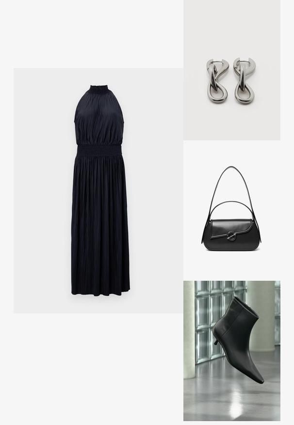 Šaty s halter výstrihom v tmavo námorníckej farbe, s plisovanou látkou, gumičkovým pásom a voľným, dlhým strihom. Hladká textúra po celej ploche.; Čierna kožená členková čižma so špicatou špičkou a nízkym kitten podpätkom, zobrazená šikmo na pozadí leštenej podlahy a steny zo sklenených blokov.; Čierna kožená kabelka cez rameno s zakriveným chlopňovým uzáverom, ktorý je zabezpečený okrúhlym kovovým zapínaním a úzkym, nastaviteľným remienkom.; Pár strieborných kovových náušníc s abstraktným prepletajúcim sa slučkovým vzorom na bielom pozadí.
