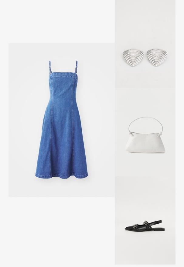 Denim jurk met een aansluitende lijfje, verstelbare banden, uitlopende rok, middenblauwe kleur en zichtbare naaddetails. Gladde textuur.; Even&Odd by Zalando Slingback ballerina´s - black; Witte handtas van gevlochten leer met een afgeronde handgreep en uiteinden van de band die geknoopt zijn, afgebeeld tegen een effen achtergrond.; Zilverkleurige oorknoppen met een golvend, getextureerd ontwerp, gevormd als overlappende maanschijven; de gepolijste afwerking versterkt de reflecterende kwaliteiten.