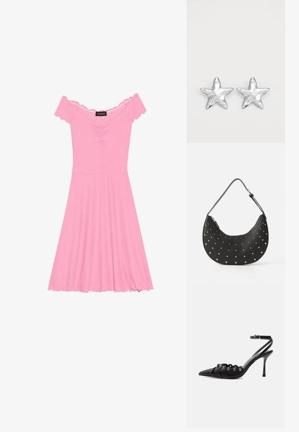 Roze off-shoulder jurk van ribstof, met een ruched lijfje, een uitlopende rok en een gerimpeld randje op de mouwen en de zoom.; Zwarte pumps met hoge hak en spitse neus, gegolfde randen, metalen oogjes, vetergespsluiting aan de voorzijde en enkelriem met gespsluiting.; Zwarte leren handtas met een gebogen vorm, versierd met zilveren studs, voorzien van een ritssluiting en een enkele verstelbare schouderband.; Zilveren stervormige oorbellen met een gepolijste, glanzende afwerking. Elke oorbel heeft vijf punten en subtiele textuurdetails op het oppervlak.