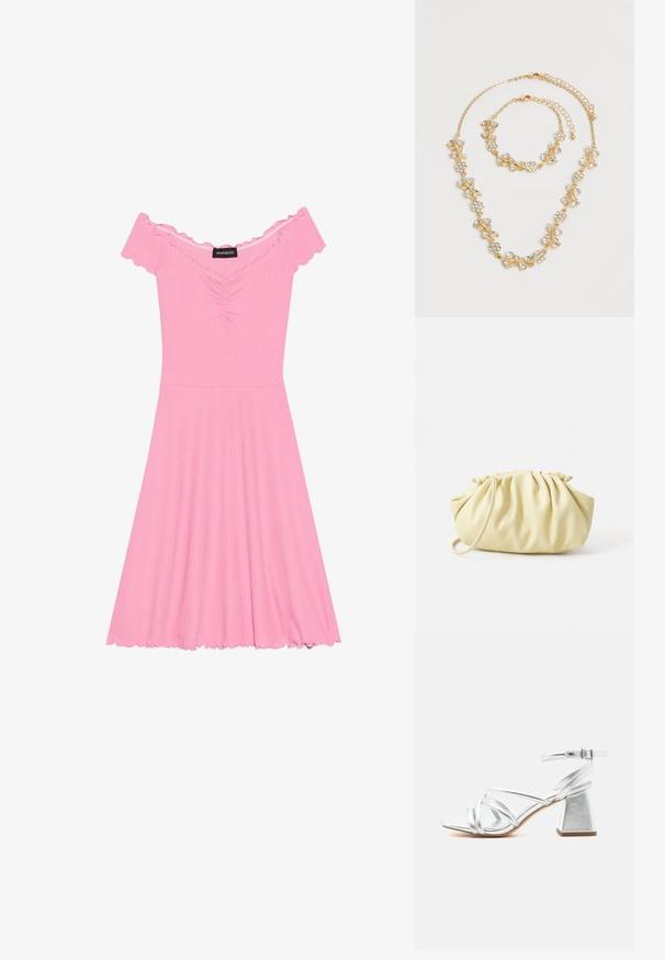 Roze off-shoulder jurk van ribstof, met een ruched lijfje, een uitlopende rok en een gerimpeld randje op de mouwen en de zoom.; Zilverkleurige sandalen met bandjes, blokhak en enkelriempje met gesp, open teen en gladde zool op een effen witte achtergrond.; Geel geplooide handtas van soepel nepleer, met een zachte vorm, een enkele schouderriem en een verzameld ontwerp aan de bovenkant.; Goudkleurige ketting- en armbandsset met heldere kristallen bloemen- en bladontwerpen, beide met verstelbare kettingsluitingen op een witte achtergrond.