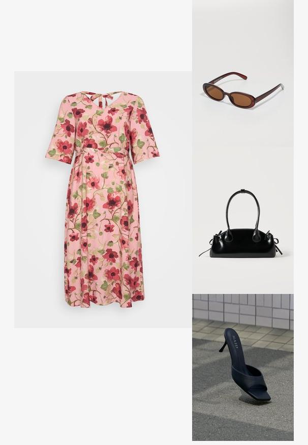 Vestido floral con fondo rosa, con patrones de flores rojas y verdes, mangas cortas y ligeras, y un escote en V con un detalle de lazo en la parte posterior.; Zapato mule negro de tacón alto con puntera abierta y marca "RAID" en la plantilla, colocado sobre pavimento gris cerca de una pared alicatada.; Gafas de sol redondas con tinte marrón y un marco burdeos brillante. Patillas delgadas con un sutil detalle de marca. Diseño de lentes planos.; Pequeño bolso negro brillante con dos asas largas y detalles de cordón lateral sobre un fondo claro liso.