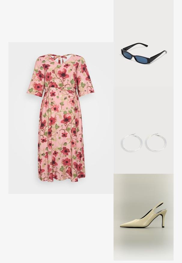 Vestido floral con fondo rosa, con patrones de flores rojas y verdes, mangas cortas y ligeras, y un escote en V con un detalle de lazo en la parte posterior.; Zapato de tacón alto slingback beige con punta afilada, tacón delgado y acabado brillante sobre fondo neutro.; Gafas de sol negras con una elegante montura rectangular y lentes azules. Presentan una textura suave y varillas resistentes. Logo de la marca en el costado.; Pareja de pendientes de aro plateados brillantes con cierres de alambre delgado, mostrados sobre un fondo gris claro.